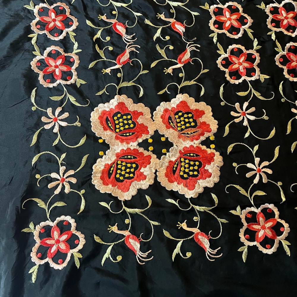Vintage Silk Embroidered Floral & Peacock Design Black Crepe de Chine 4’ x 4’